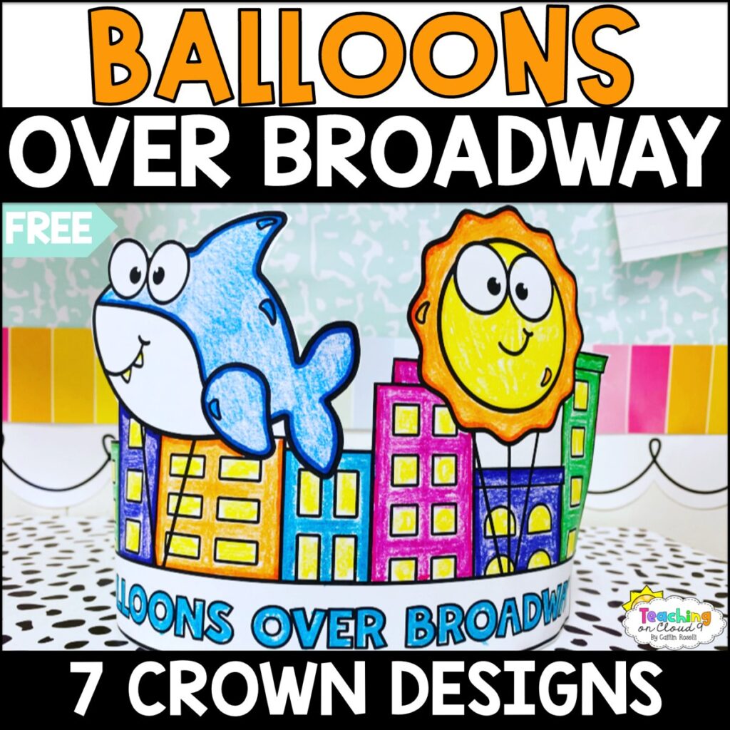 Free printable Balloons Over Broadway crown with a shark and sun parade balloon over colored city buildings