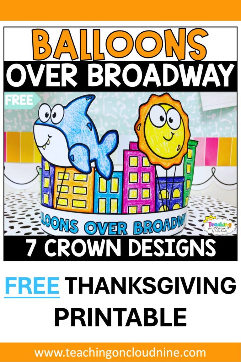 Balloons Over Broadway free Thanksgiving parade printable crown with a shark and sun balloon floating over a colorful city skyline