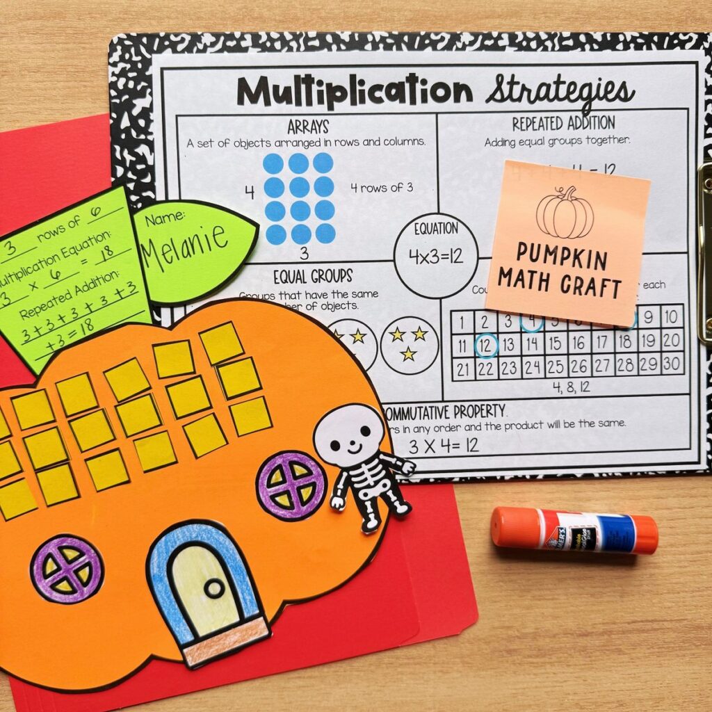 Pumpkin house math craft with a 3 rows of 6 array, multiplication equation, and repeated addition on the stem