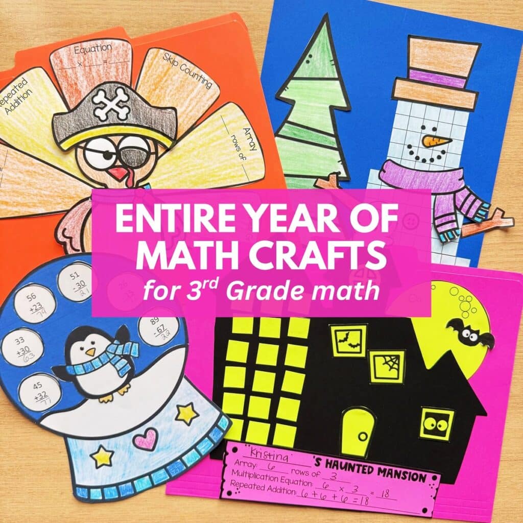Third grade math crafts bundle with turkey, snowman, snow globe, and haunted house math array examples
